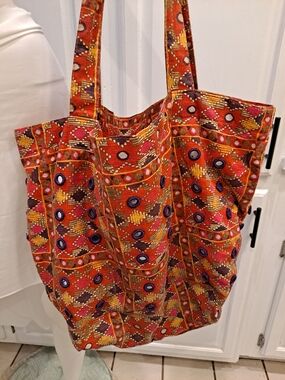 Limited Edition Linen Cotton Vibrant Orange Pattern Tote Bag W/Mirrored Discs